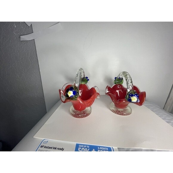 Vintage Art Glass Red Clear Basket Applied Blue Flowers Beautiful 2 Baskets - Picture 4 of 9